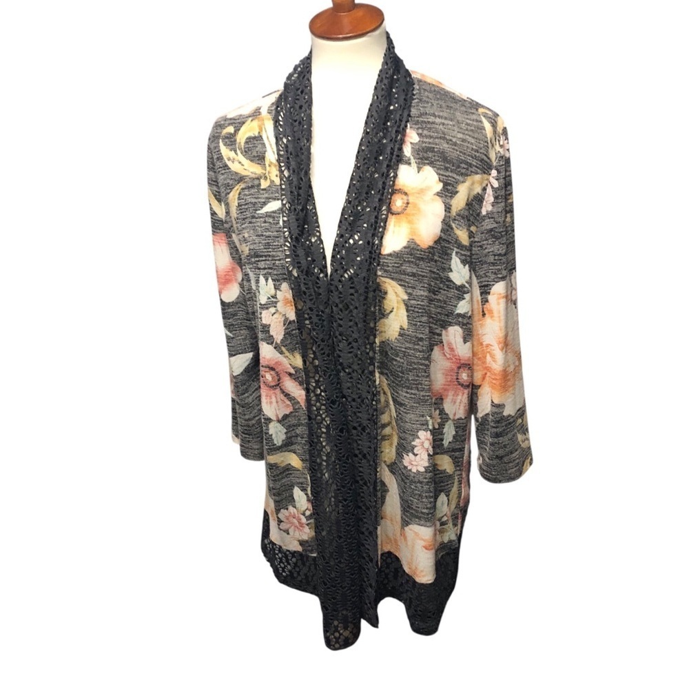 Chicos Sz 2 L Crochet Lace Trim Floral Kimono Boho Festival Feminine Cardigan - Picture 4 of 10